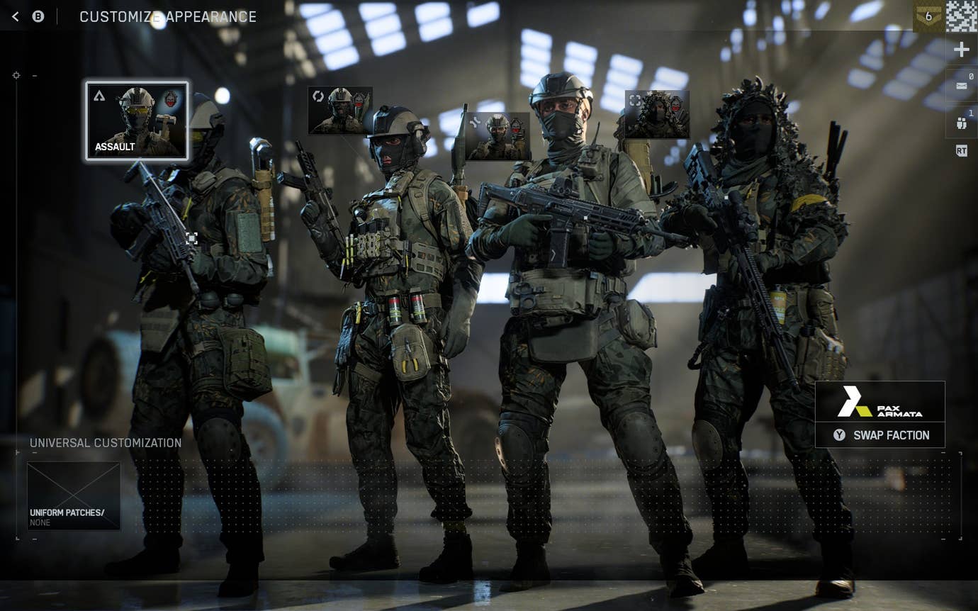A line-up of four soldiers in balaclavas and other camo gear, armed with various guns and heavy ordnance from the multiplayer lobby in Battlefield 6.